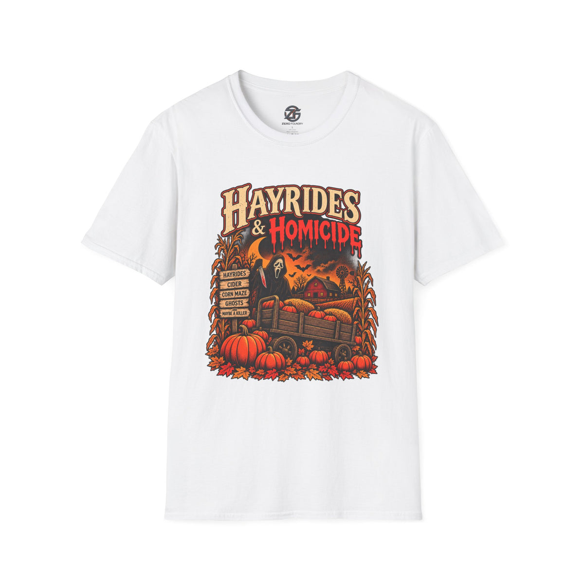 Hayrides & Homicide — Unisex Softstyle Tee